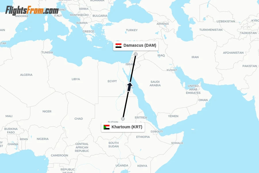 Flights from Khartoum to Damascus route map