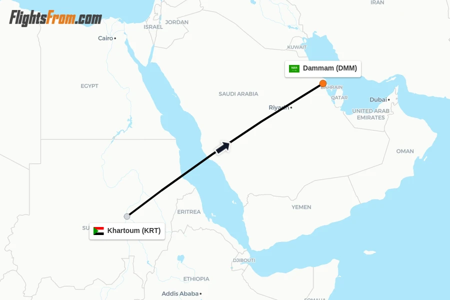 Flights from Khartoum to Dammam route map