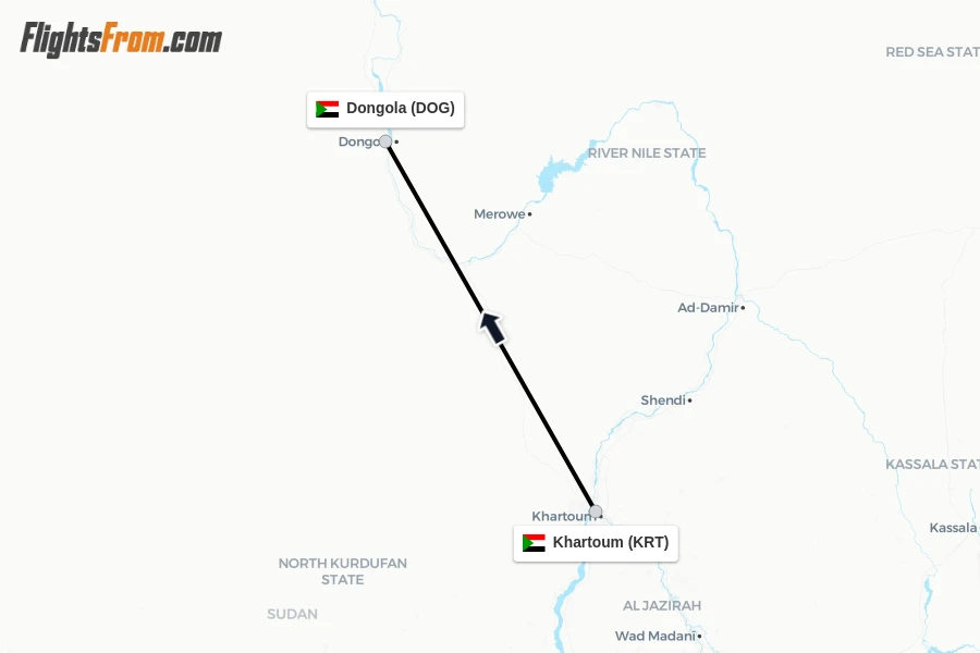 Flights from Khartoum to Dongola route map