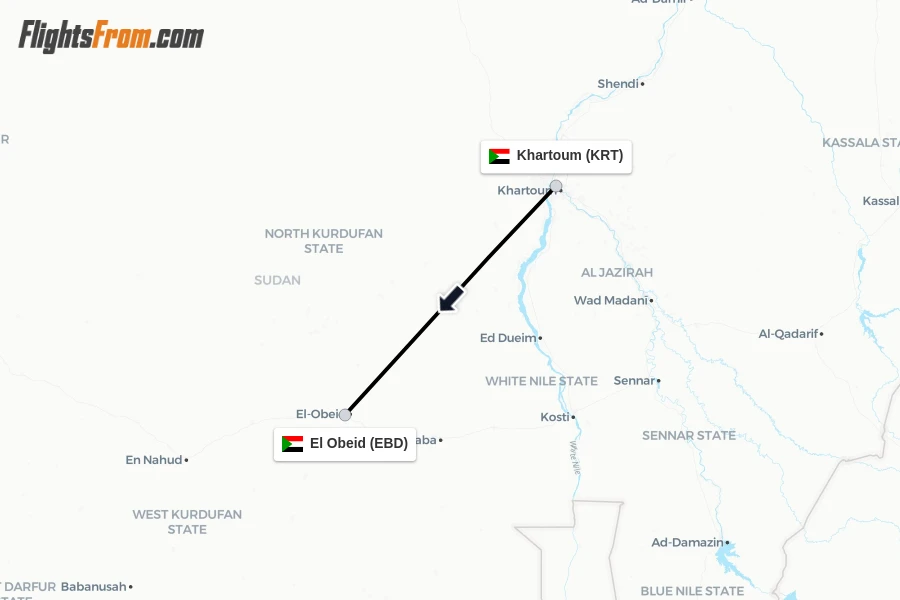 Flights from Khartoum to El Obeid route map
