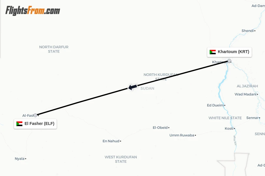 Flights from Khartoum to El Fasher route map