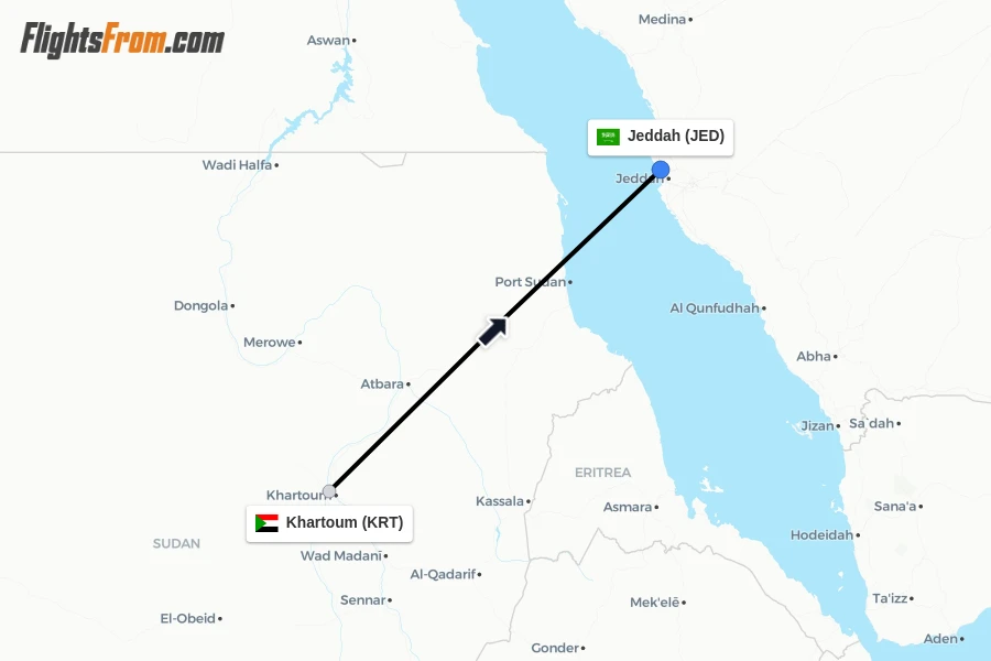 Flights from Khartoum to Jeddah route map