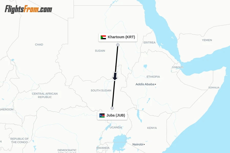 Flights from Khartoum to Juba route map