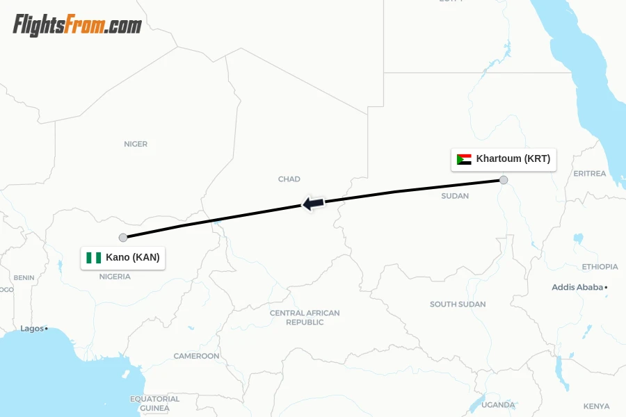 Flights from Khartoum to Kano route map