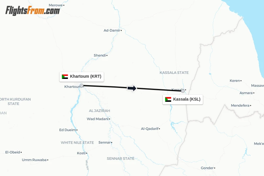 Flights from Khartoum to Kassala route map