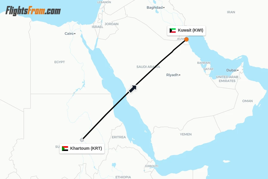 Flights from Khartoum to Kuwait route map
