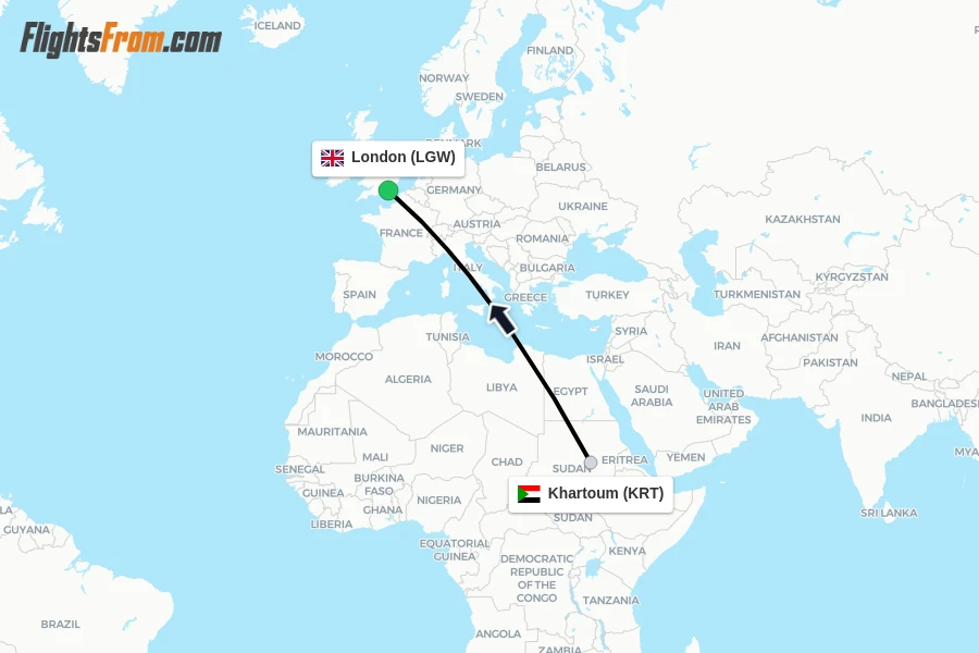 Flights from Khartoum to London route map
