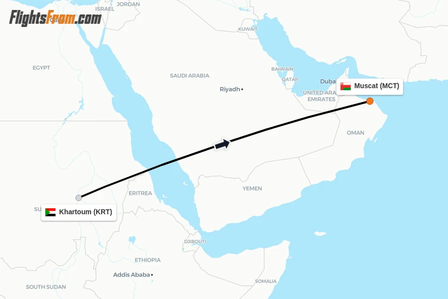 Flights from Khartoum to Muscat route map