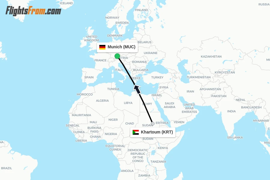 Flights from Khartoum to Munich route map