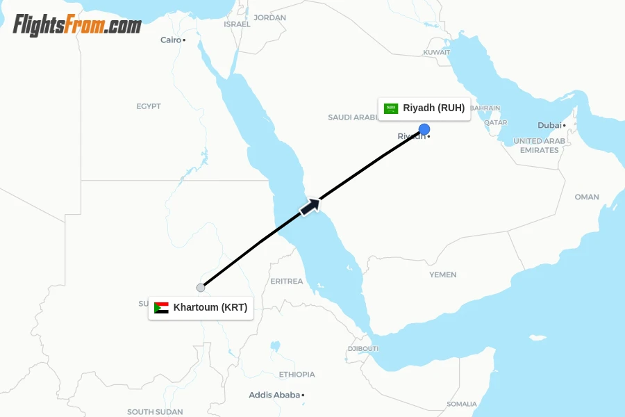 Flights from Khartoum to Riyadh route map