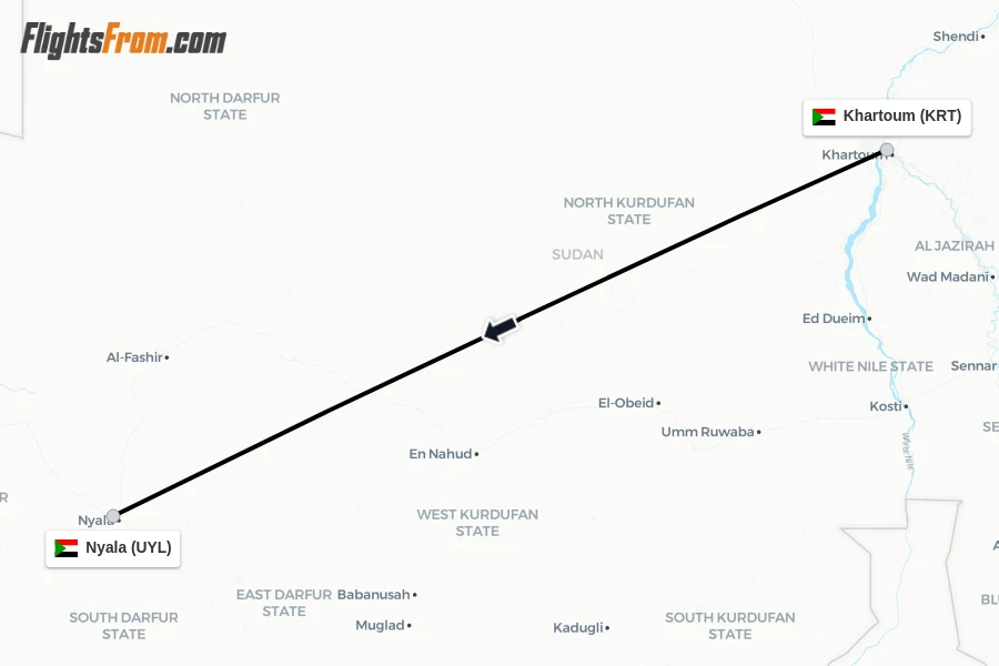 Flights from Khartoum to Nyala route map