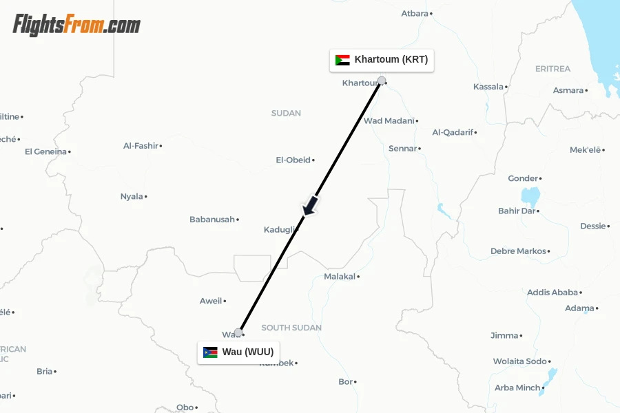 Flights from Khartoum to Wau route map