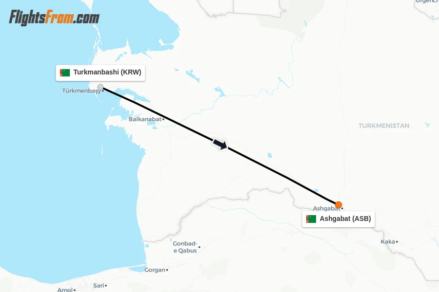 Flights from Turkmanbashi to Ashgabat route map