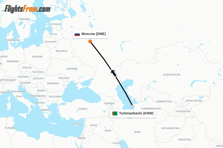 Flights from Turkmanbashi to Moscow route map