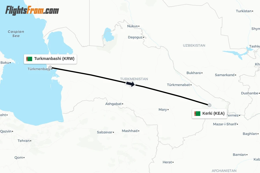 Flights from Turkmanbashi to Kerki route map