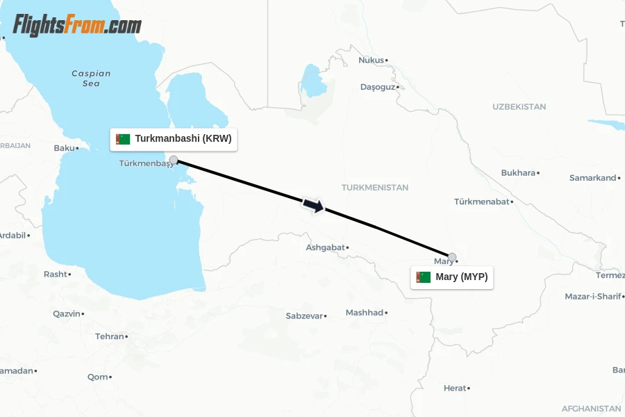 Flights from Turkmanbashi to Mary route map