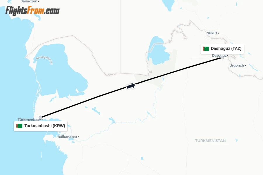 Flights from Turkmanbashi to Dashoguz route map