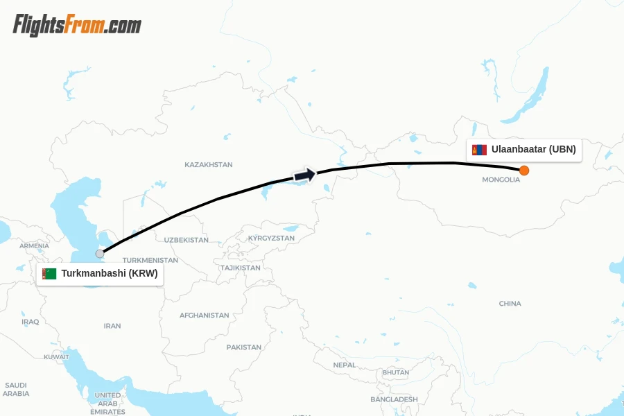 Flights from Turkmanbashi to Ulaanbaatar route map
