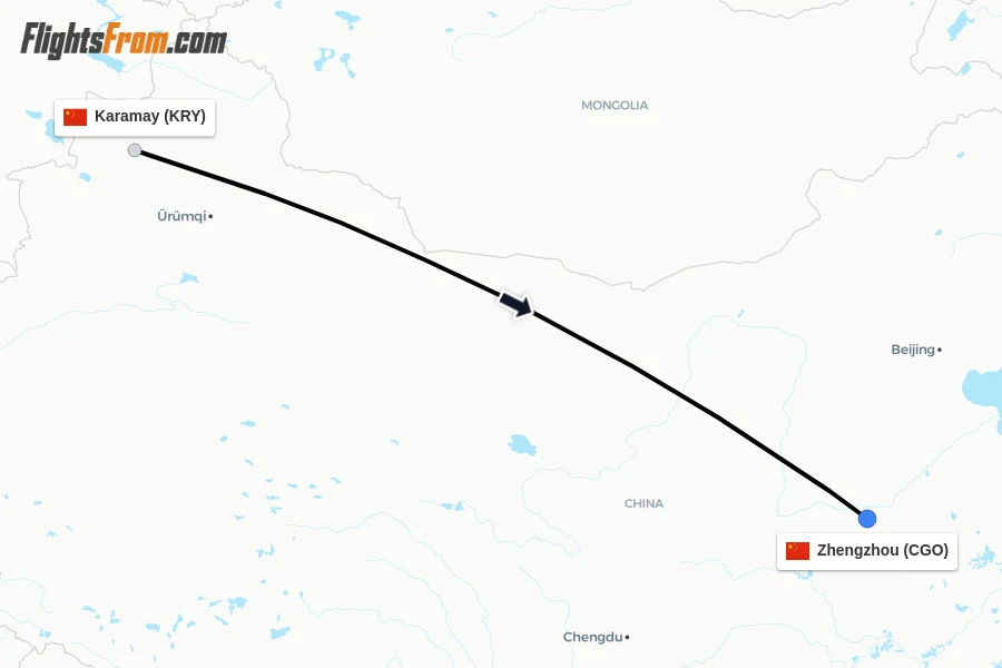 Flights from Karamay to Zhengzhou route map