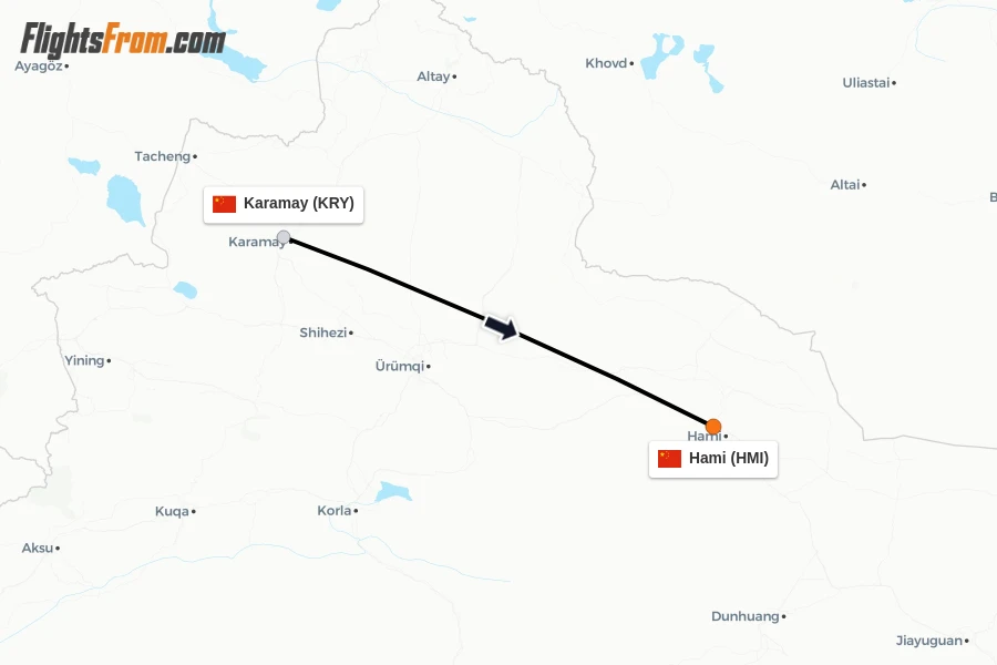 Flights from Karamay to Hami route map