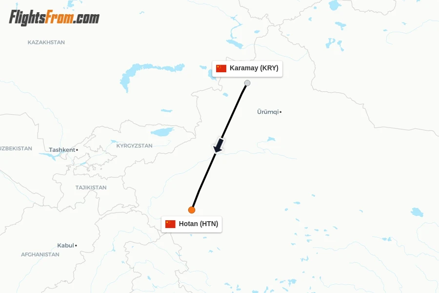 Flights from Karamay to Hotan route map