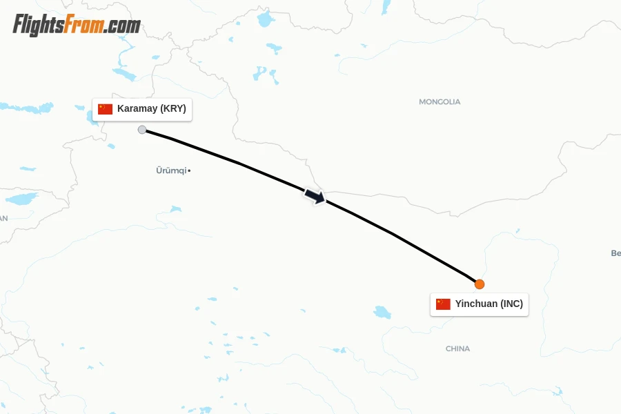 Flights from Karamay to Yinchuan route map