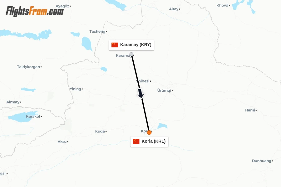 Flights from Karamay to Korla route map