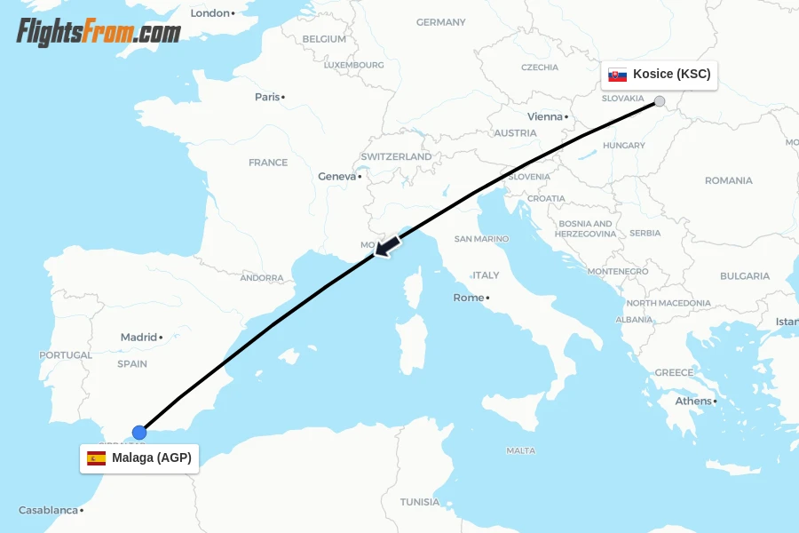 Flights from Kosice to Malaga route map