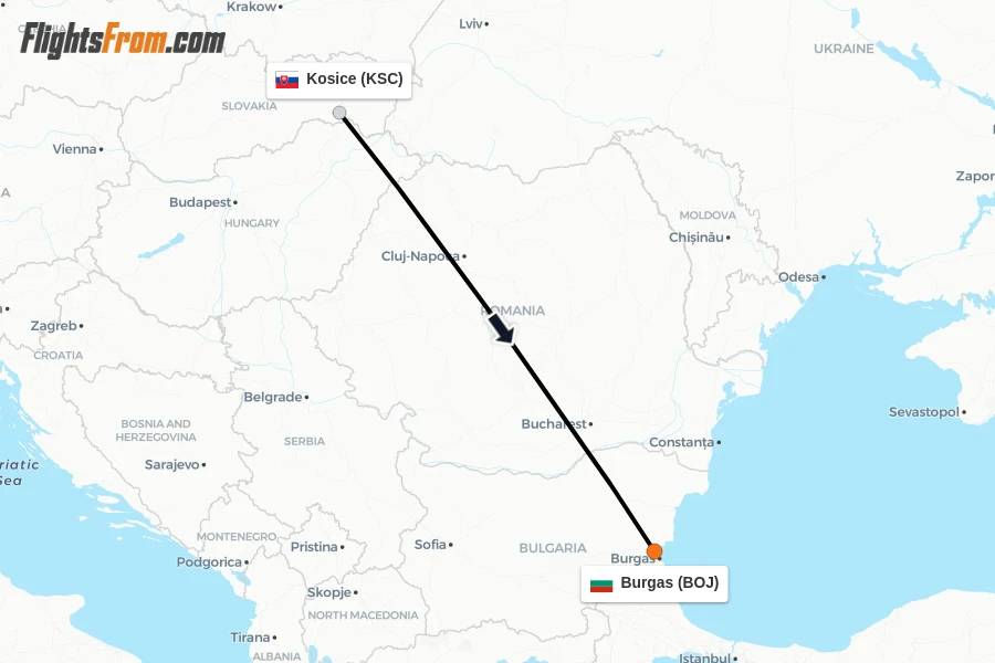 Flights from Kosice to Burgas route map