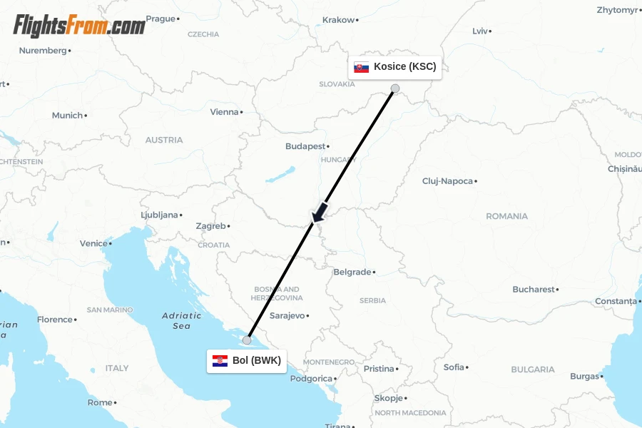 Flights from Kosice to Bol route map