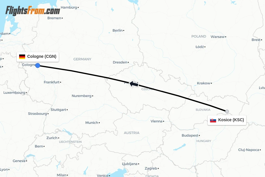 Flights from Kosice to Cologne route map