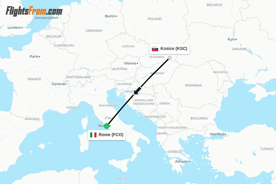 Flights from Kosice to Rome route map