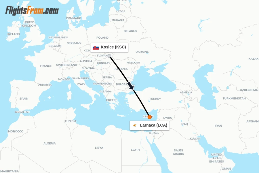 Flights from Kosice to Larnaca route map