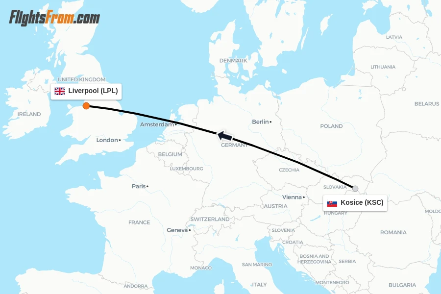 Flights from Kosice to Liverpool route map