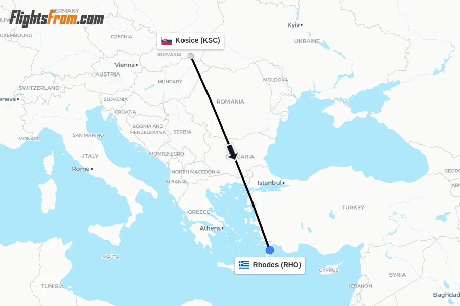 Flights from Kosice to Rhodes route map