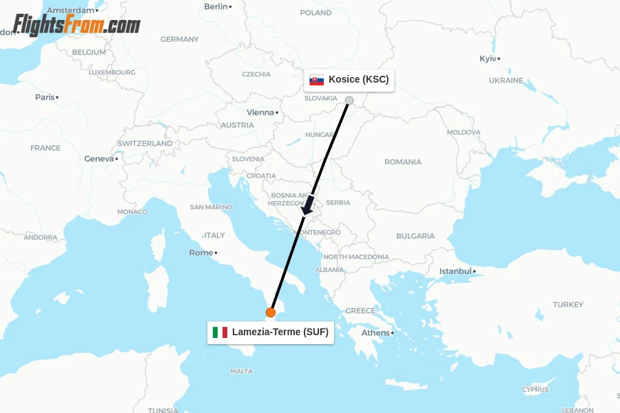 Flights from Kosice to Lamezia-Terme route map