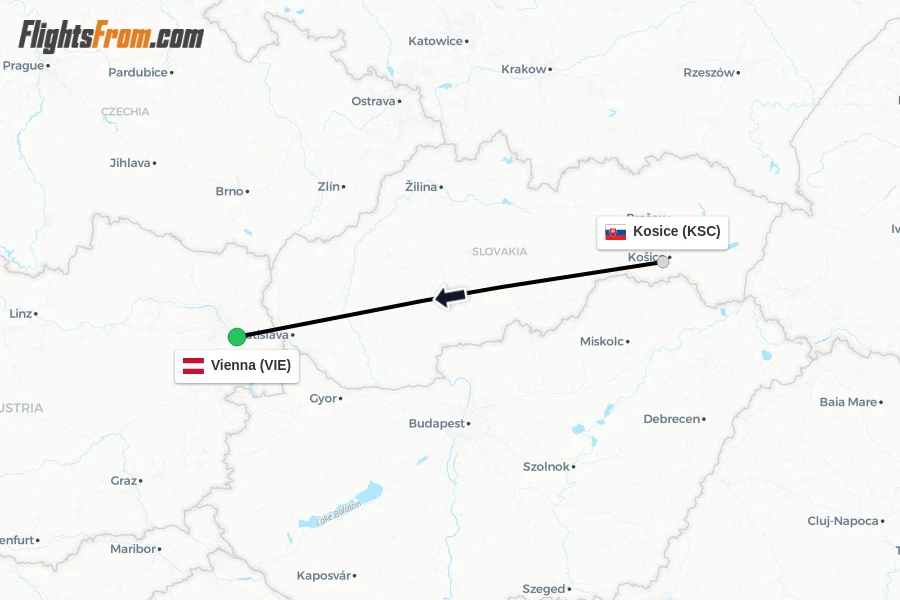 Flights from Kosice to Vienna route map
