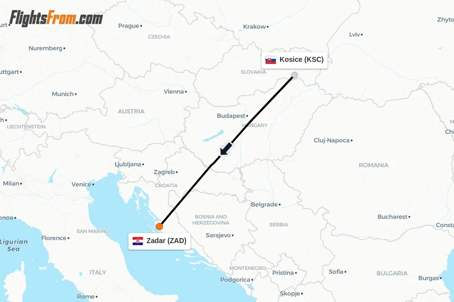 Flights from Kosice to Zadar route map