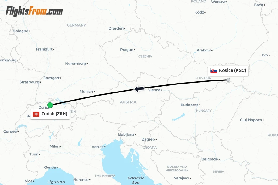 Flights from Kosice to Zurich route map