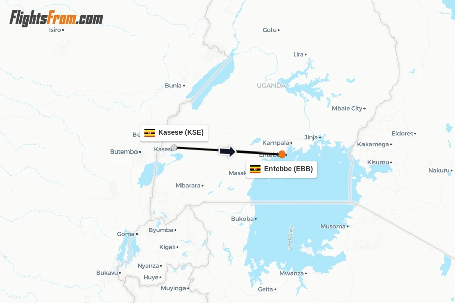 Flights from Kasese to Entebbe route map