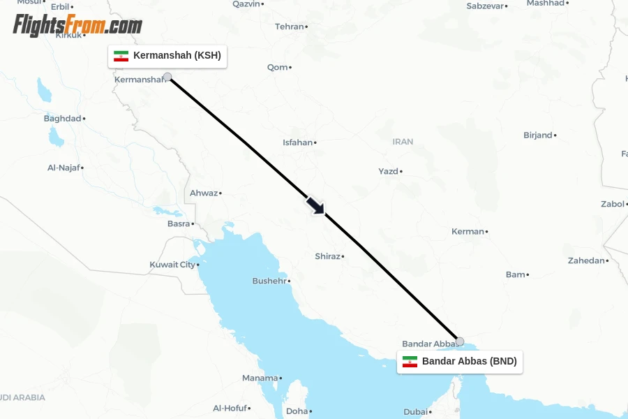 Flights from Kermanshah to Bandar Abbas route map