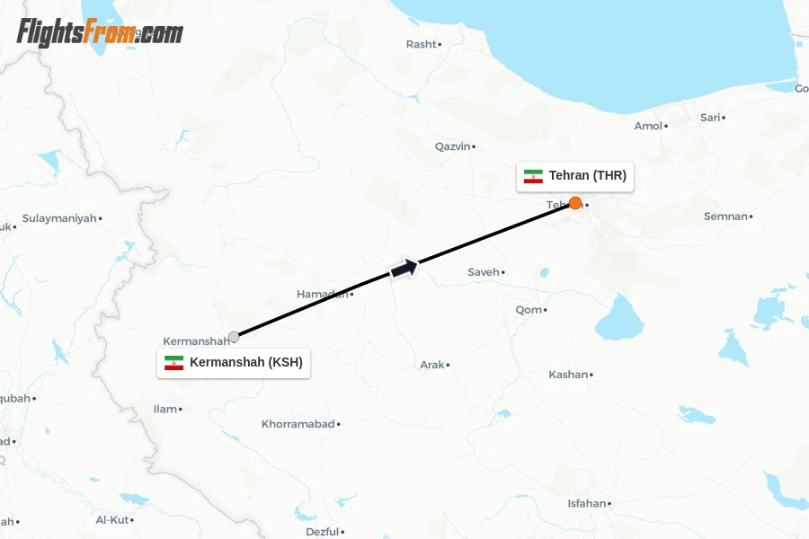 Flights from Kermanshah to Tehran route map