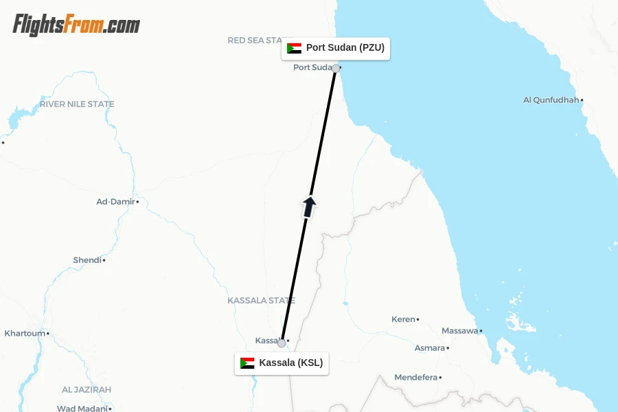 Flights from Kassala to Port Sudan route map