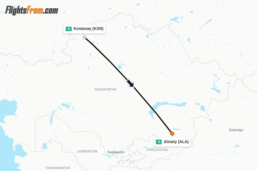 Flights from Kostanay to Almaty route map
