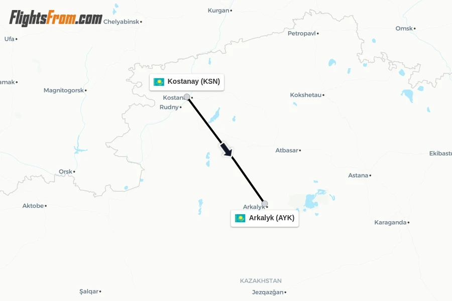 Flights from Kostanay to Arkalyk route map