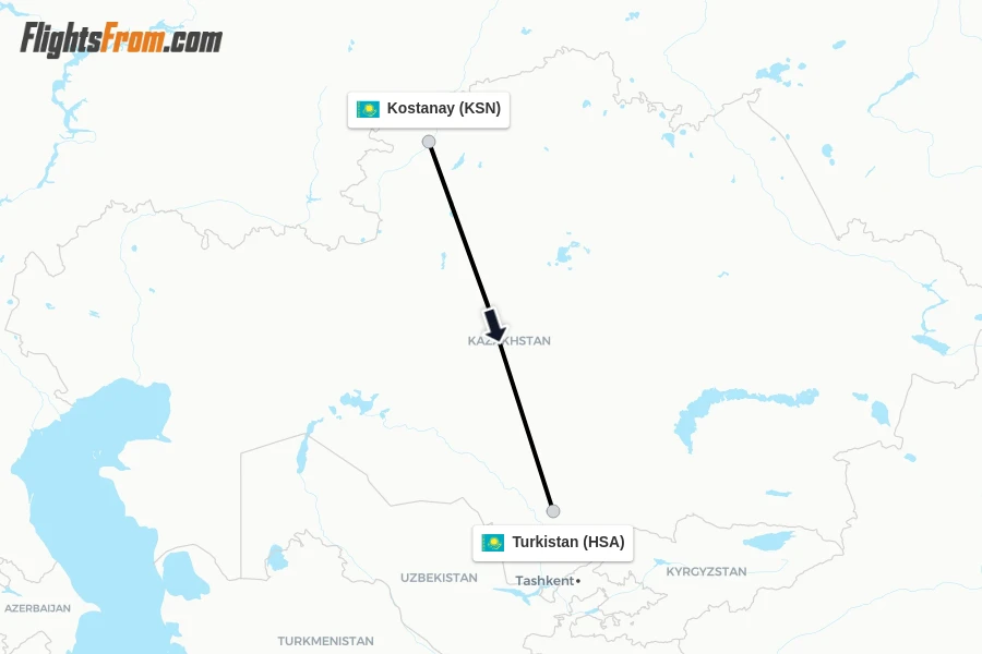 Flights from Kostanay to Turkistan route map