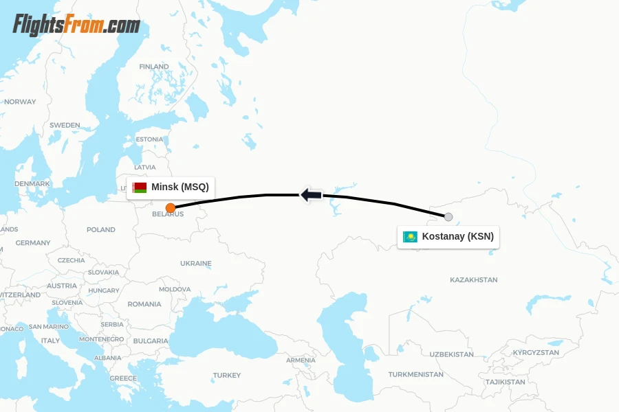 Flights from Kostanay to Minsk route map