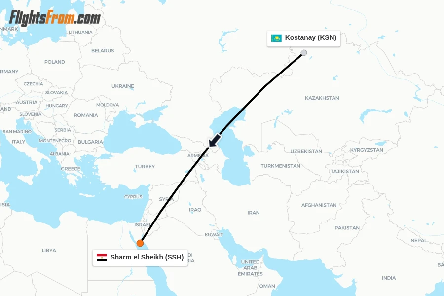 Flights from Kostanay to Sharm el Sheikh route map