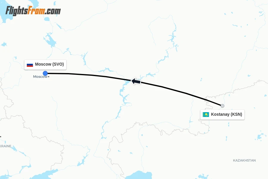 Flights from Kostanay to Moscow route map