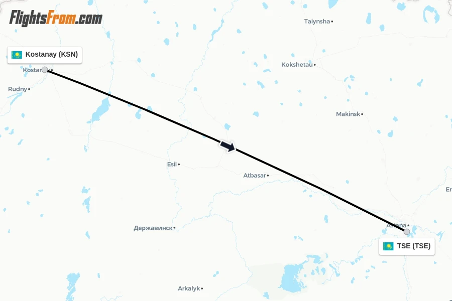 Flights from Kostanay to TSE route map